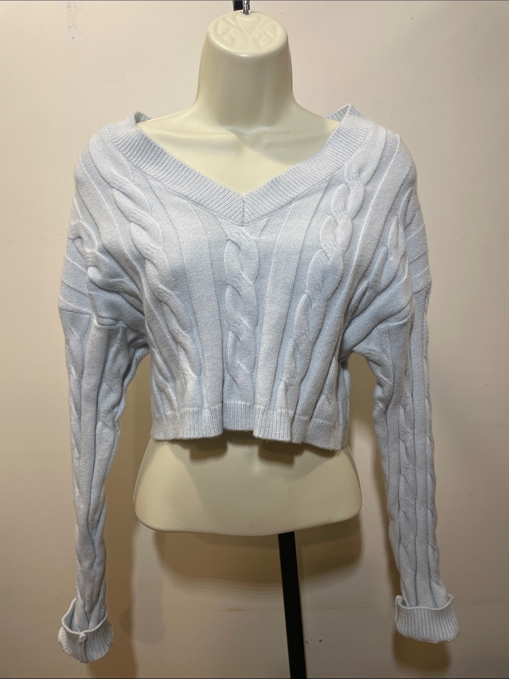 Forever 21 Pale Blue Cropped Cable V-Neck Sweater